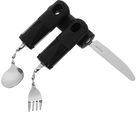 SEWOART 3 Stück Faltbares Besteckset aus Edelstahl mit Adaptivem Antischock Design und Rutschfester Tpr Oberfläche für Senioren mit Handzittern in Schwarz