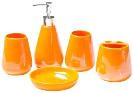 PBDEIOEOE Badezimmer-Accessoires-Set, 5 Packungen Keramikbedarf Enthält Zahnbürstenhalter Seifenschale und Tasse Wohnung(Orange)