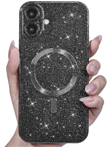 Svanove Glitter Case for iPhone 17 Phone Case Magnetic Compatible with Magsafe, Sparkle Bling Shiny Sparkly Cute Girly Design, Bright Trendy Aesthetic Hard Mag Cover for Women Girls, Black