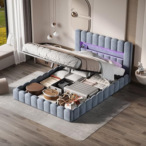Aneutr Polsterbett Bubble Bett 180x200, Doppelbett mit LED Beleuchtung und USB Ladefunktion, Hydraulisch Stauraumbett mit Lattenrost und Kopfteil, Jugendbett (Grau Samt, 180x200)