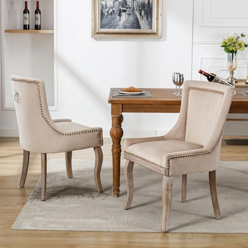 BXEYXE Luxuriös Esszimmerstuhl (Küchenstuhl Wohnzimmerstuhl. 2 St). Polsterstuhl mit Nagelkopfbesatz. Beinen aus Massivholz. Bezug aus Samt. Beige