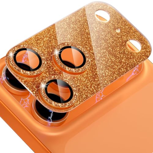 Jurqqer for iPhone 17 Pro Max Camera Lens Protector, Glitter Orange | [Superior Scratch-Resistant] [Keep Original Shooting] 9H Ultra-Thin Tempered Glass & Aviation Aluminum Alloy Camera Guard
