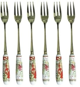 BRANDANI Carol Forchettina da Dolce Natalizia Set 6 Pezzi 15,5cm Ceramica e Acciaio Inox