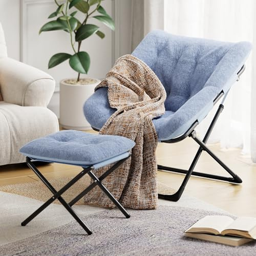 RBFGYIOP Folding Lounge Chair with Ottoman - Comfy Super Soft Oversized Saucer Chair, Iron Frame + Rabbit Fur Comfort Armchair for Living Room, Bedroom, Dorm | Plush Support
