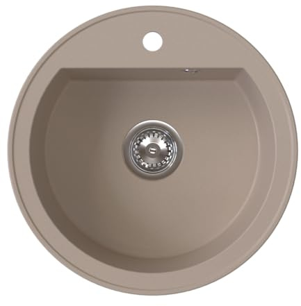 HOMEVELLO Spülbecken DIGIT Einbecken Rund Granitspüle Ø51 cm Beige, Hochwertige Küchenspüle mit Siphon, Überlauf, Pflegeleicht, Kratzfest, Moderne Design, Perfekt für jede Küche