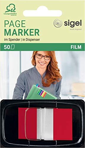 SIGEL HN491 Haftmarker im Spender, rot, 50 Streifen im Format 25 x 43 mm | HN491, Spender mit 50 Streifen im Format 25 x 43 mm