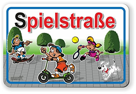 Stikkipix Hinweisschild für Kinder | Warnschild Spielstraße | stabile 3 mm Aludibondplatte | Maße: 400 x 600 mm | Ideal für Spielstraße, Wohngebiet, Spielplatz, Verkehrsberuhigte Zone