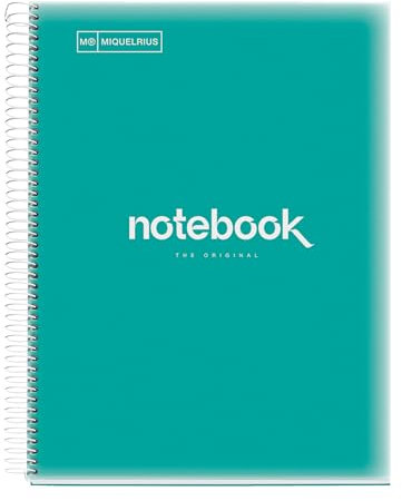 Miquelrius - Notizbuch A4 Notebook Emotions, 120 Blatt 90 g/m², Horizontale Streifen 7 mm, 5 Farbige Streifen, Mikroperforierte Spirale, Polypropyleneinband, Türkis