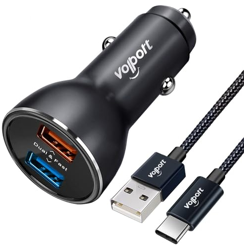 volport 39W Fast Dual USB Car Charger - Metal Rapid LED Light Adapter Support Quick Charge Port with 3.3ft USB C Braided Charging Cable Cord for iPhone 16 15 14 13 12 Series Samsung Google LG