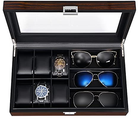 BEWISHOME Uhrenbox mit 6 Fächern, 3 Herren-Schmuckkästchen, Uhrenbox Organizer für Herren, Uhrengehäuse mit Glasdeckel, Uhren-Reiseetui, abnehmbare Uhrenkissen, Uhren-Vitrine, Uhrenaufbewahrung, Braun