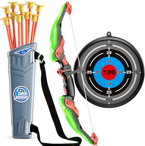 TEMI Kids Bow and Arrow Set - LED Light Up Archery Toy Set with 10 Suction Cup Arrows, Target & Quiver, Indoor and Outdoor Toys for Children Boys Girls