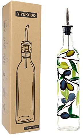 YIYUKODO 17oz Hand Painted Glass Olive Oil Bottle Dispenser- 500ml Green Oil & Vinegar Cruet with Pourers - Olive Oil Carafe Decanter for Kitchen (olive)