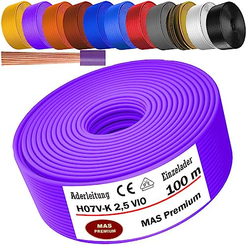 De 5 à 100 m - Câble conducteur H07 V-K 2,5 mm² - Noir, bleu clair, vert/jaune, rouge, bleu foncé, marron, orange, gris, blanc, violet ou jaune - Fil simple flexible (violet, 100 m)