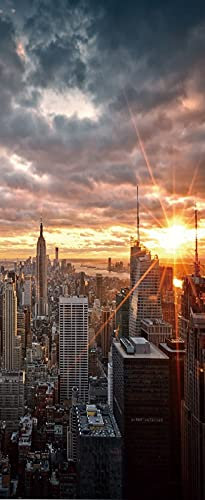 A.Monamour Adesivo Porta Autoadesiva Tramonto A Manhattan Paesaggio Panoramico Di New York City Vinile PVC Adesivi per Porte Interne 3D Pellicola Adesiva Poster Sticker Murale Parete Carta da Parati