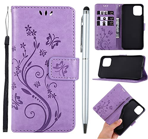Phone Case for iPhone 13 mini, Premium PU Leather Flip Embossed Butterfly Case Shockproof Slim Protective Bumper Wallet Case for iPhone 13 mini with Kickstand Card Holder Lanyard & One Touch Pen