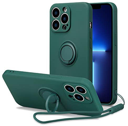 UEEBAI Silicone Case with Ring for iPhone 13 Pro 6.1 inch, Slim and Light Shock Absorption Case Cover with Ring 360 Degree Rotation Stand Protection Cover Bumper Case – Dark Green
