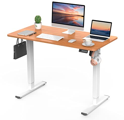 ERGOMAKER Elektrischer Höhenverstellbarer Schreibtisch 110x60cm (43.3x23.6), Höhenverstellbarer Tisch mit Spleißplatte (Weißes Gestell + Kirsche Tischplatte)