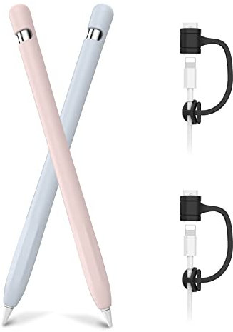 AHASTYLE Silicone Case for Apple Pencil 1st Generation [Added Cable Adapter Tether] Anti-slip Apple Pencil Cover Protective Case Compatible with Apple Pencil 1st Gen (2 Pack, Light Blue & Pink)