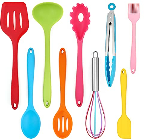 Küchenhelfer Set, Joyfair 9 Stück Silikon Küchenutensilien, Hitzebeständiges Kochutensilien Kochgeschirr Set mit Pfannenwender Schneebesen Grillzange, Antihaft Kochbesteck zum Kochen & Backen-Bunt
