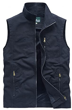 QCBH Gilet in Cotone da Uomo M-5XL - Allentato Multitasche per Esterni Con Tasche Con Cerniera, Senza Maniche