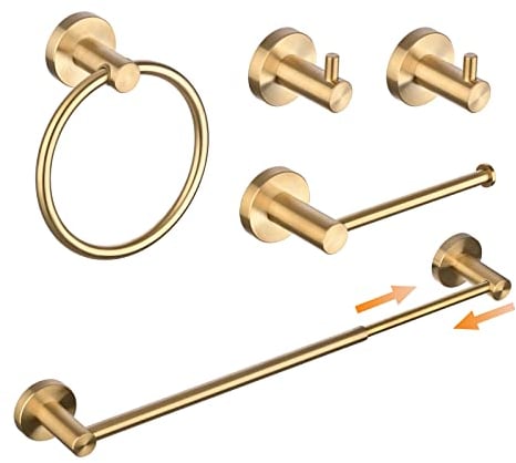 Bathroom Hardware Accessories Set 5-Piece - Adjustable 33-60CM Towel Rail Toilet Roll Holder Towel Ring 2Pcs Towel Hooks - Brushed Gold Wall Mounted SHUNLI