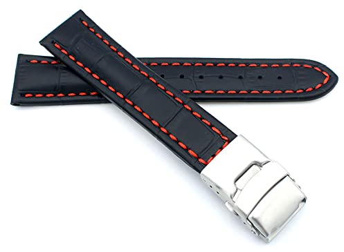 Sulla 20mm Uhrenband Alligator Prägung Genuine Leder Armband mit Faltschließe aus Edelstahl Schwarz Rote Naht