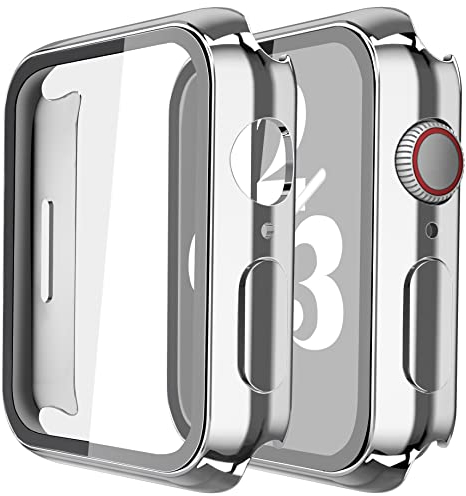 Misxi Hard Hülle mit Glas Displayschutz mit Apple Watch Series 9 Series 8 Series 7 45mm, Rundum Schutzhülle Ultradünne Schutz Case für iWatch S9/S8/S7, 2-Stück, 1 Silber + 1 Transparent