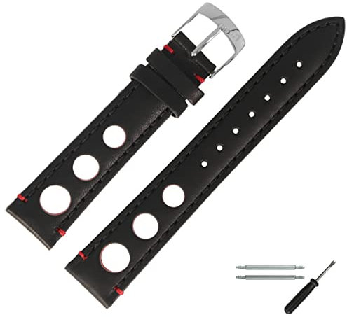 MARBURGER Uhrenarmband 20mm Leder Schwarz Silber Mit Naht - Montage Set 7732010410120