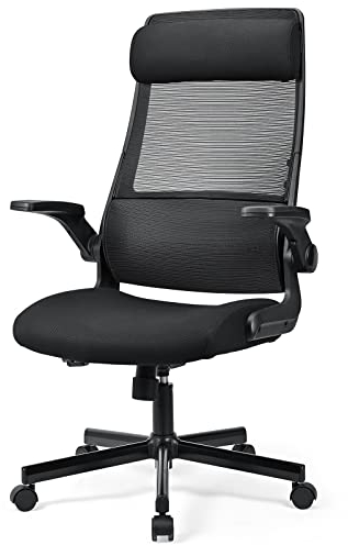 MELOKEA Bürostuhl Ergonomisch, Schreibtischstuhl aus Mesh mit Hochklappbaren Armlehnen, Computer Drehstuhl mit Verstellbare Kopfstütze und S-förmige Lendenwirbelstütze, EN 1335 Office Chair (Schwarz)
