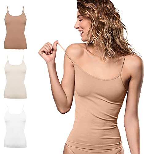 FOCENZA Canotta Donna Spalline Sottili in Morbida Microfibra, Intimo Senza Cuciture, Multipack da 3 Pezzi in Vari Colori, Made in Italy (Bianco-Nudo-Cipria, L-XL)
