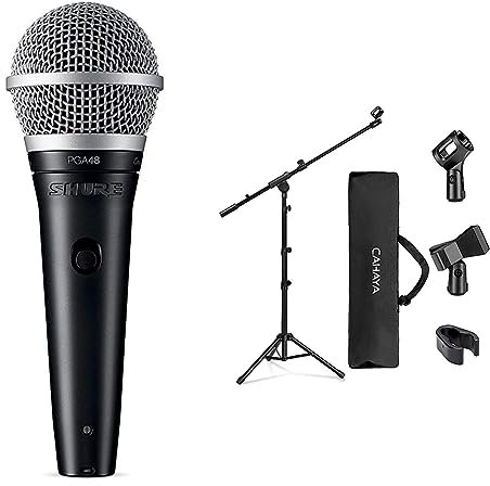 Shure PGA48 Niere Dynamisches Gesangsmikrofon mit XLR-zu-XLR-Kabel, Schwarz & CAHAYA 2 in 1 Dual-Use Mikrofonständer boden Mikrofonstativ mit galgen, mit tragbare Tasche und zwei Mikrofonclips