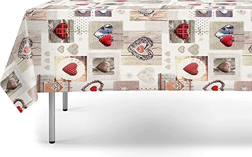Patchwork Nordic Grey Red Hearts Stars PVC Oil Vinyl Plastic Table Cloth Highland Tartan Check White Black Wipe Clean 200cm x 140cm (79 x 54 inches) 2 Metres Rectangle To Fit 4 - 6 Seater Table