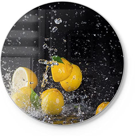 DEQORI Schneidebrett aus Glas | rund Ø30 cm | Motiv Zitronen und Wasserperlen | Design Schneideplatte für Küche | Frühstücksbrett antibakteriell & rutschfest | Glasplatte & Servierplatte
