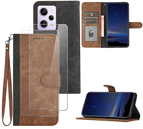 Hoyoikun Funda Compatible con Redmi Note 12 Pro/Xiaomi Poco X5 Pro,Regalar 2 Piezas Protector de Pantalla.Flip Leather Edition,Funda de Cuero PU con Cáscara de TPU,[Soporte Plegable] -Marrón