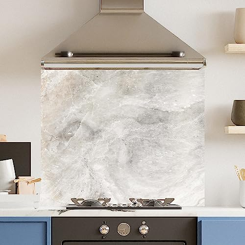 Premium 90 cm x 75 cm White Marble Glass 6mm Kitchen Splashback Heat Resistant Toughened Polished Edges - Back Splash Back Coloured Hob Painted Tempered Splashback