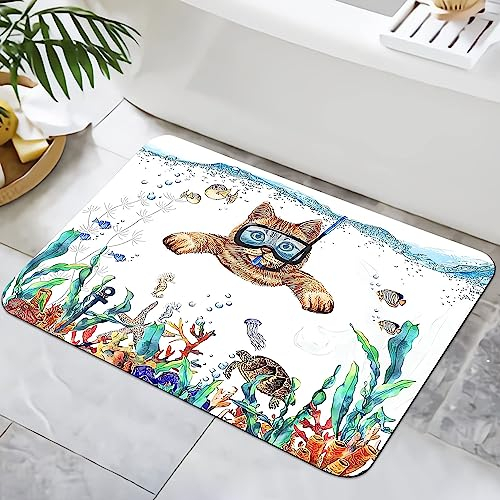 Zomer Badematte rutschfest 40x60cm Badezimmerteppich Mikrofaser Badteppich schnelltrocknende Badematten, für Badewanne Dusche Home Badezimmer, mit Meerestiere Katze