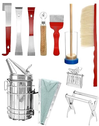QWORK® 10 Piezas Kit de herramientas de apicultura, equipo de apicultura para fumadores de colmena, suministros de apicultura