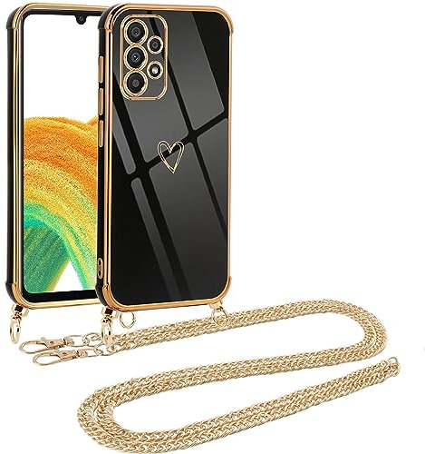 Vauki Coque pour Samsung Galaxy A33 5G avec Cordon de Collier, Galvanisé Etui Housse avec Motif Coeur d'amour, Antichoc Anti-Rayures Case avec Bandoulière pour Samsung A33 5G 6.4, Or Chaine, gold