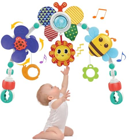 Baby Kinderwagen Bogen Spielzeug, Adjustable Autositz Spielzeug mit sensorischem Spielzeug, Aktivität Bogen Reise Montessori Spielzeug für Krippe & Bassinet, 0-24 Monate Jungen und Mädchen (Biene)