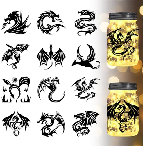 GLOBLELAND 12 Stück Drachen-Silhouette-Glasaufkleber, Kunststoff-Silhouette-Wandaufkleber, Laternenglas-Aufkleber, Fensterlampe, Aufkleber, Glasaufkleber, Dekorationen, Kunstwand, Heimdekoration