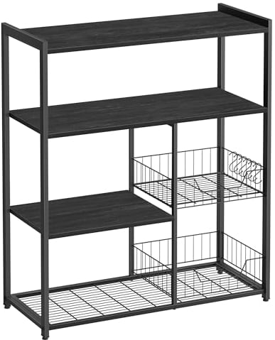 VASAGLE Scaffale per Microonde con 2 Cesti in Rete Metallica, Scaffale da Cucina con Piano d’Appoggio, Ripiani e Ganci, 35 x 80 x 95 cm, Grigio Antracite e Nero Inchiostro KKS096B22