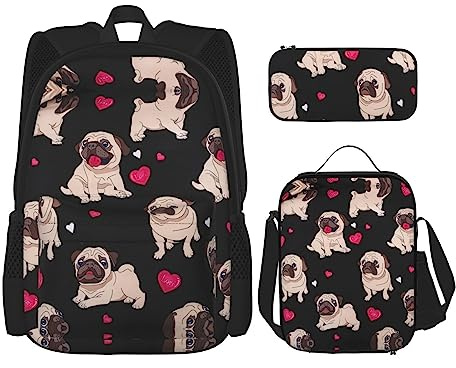 NEZIH 3-in-1 Büchertaschen-Set, niedlicher Mops-Druck, verstellbarer Schulter-Rucksack, Lunch-Tasche, Federmäppchen, Beutel