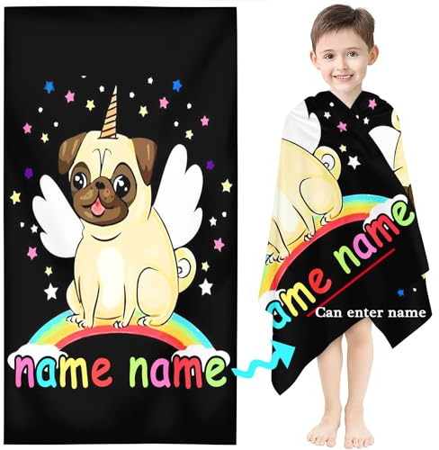 KIDSLOVE Personalisiert Strandtuch Mit Namen, Personalisiertes Einhorn Handtuch Badetuch Mit Namen Mikrofaser Mops Strandtuch Groß 90x180 cm Badetuch Für Kinder (1,100 x 200 cm)