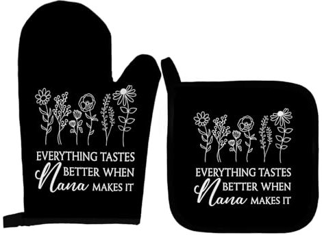 Qeheb Oma Gifts Ofenhandschuhe und Topflappen-Sets, Oma-Ofenhandschuhe, alles schmeckt besser, wenn die Oma es schwarz mit Blumenmuster macht, für Küche, Oma, Muttertag, Geburtstag