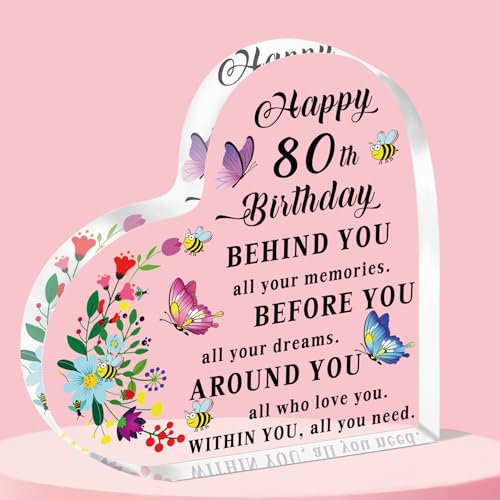 QMVMV 80th Birthday Gifts for Women, Personalised Heart Shaped Acrylic 80th birthday Keepsake Gifts, Unique 80 Birthday Gifts for Mum Grandma, Happy 80 Year Old Gifts for Her
