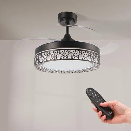 Ventilador de Techo Led 66W con luz, mando a Distancia, Bajo consumo, motor DC 30W+Luz Led 36W, 6 velocidades, Silencioso, 4 Aspas desplegables, verano-inviernor (Negro mate)