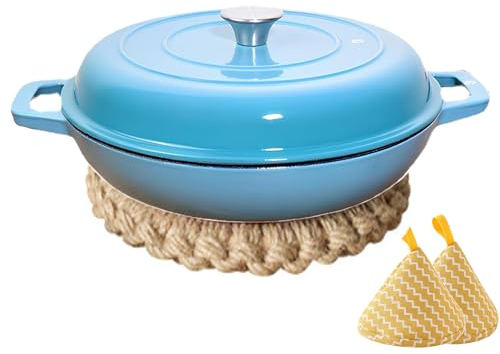 DYHQQ Faitout hollandais émaillé avec Couvercle, faitout 4 L, faitout en Fonte Bleu Sarcelle, faitout avec Double poignées, Four hollandais pour la Cuisson du Pain, Braiser, Cuisine