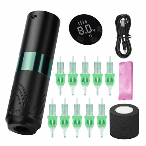 ATOMUS Green Wireless Tattoo Pen Machine Kit 1600mah Wireless Power Supply Rotary Tattoo Battery Pen Digital OLED Display with 10pcs tattoo cartridge needles 10pcs Large Pen Bag