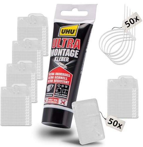 FinoPet 50x Klebehaken & 100ml UHU Montagekleber - Klebehaken Katzennetz Balkon Set - Katzennetz für Balkon Ohne Bohren - Katzensicherung mit Teleskopstange Option - Einfaches Befestigen
