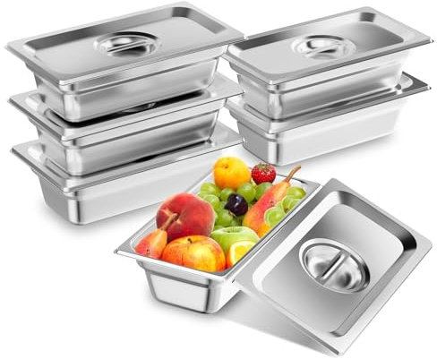 TAIMIKO Stainless Steel Gastronorm Pan 6PCS 1/3 GN Pot Pans Container with lids, 100mm Depth Stainless Steel Tray Food Storage Bain Marie Catering Food Pans,1mm Thickness (1/3 Pan,6pcs,with Lids)